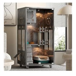 Wooden Cat House Large Space Cat Cage with Scratching Post, Wooden Indoor/Outdoor Cat Enclosure w/ Wheels, Multi-Feature Enclosed Cat Houses