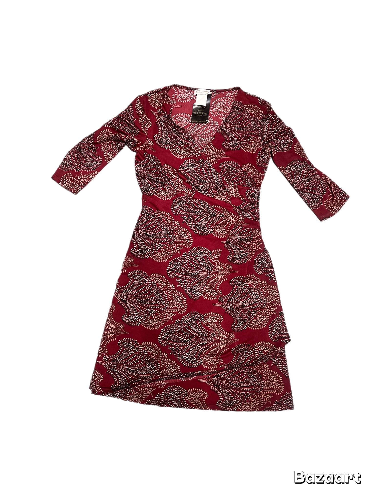 Elegant Burgundy Print Faux Wrap Dress - Flattering Ruched Style