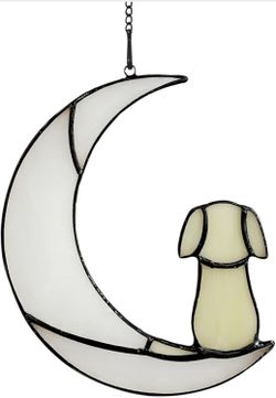 Dog Moon Suncatcher Stained Glass Window Hanging Memorial Remembrance Sealed Box