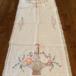 Vintage Embroidered Table Runner/ Dresser Scarf