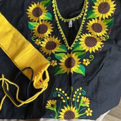 Medium Sz Mexican Dress Mid Length With Yellow Belt