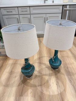Pair of Teal Glass Table Lamps with Shades