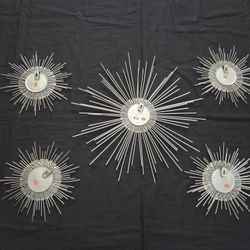 5 Vintage Starburst Silver Tone Mirror Wall Art Sculpture MCM 17"(1) & 9.5"(4)