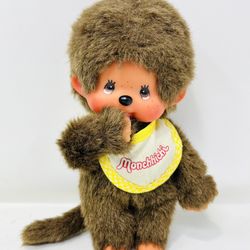 VINTAGE 1970's THUMB STUCKING MONCHHICHI W/ YELLOW BIB STUFFED ANIMAL PLUSH TOY
