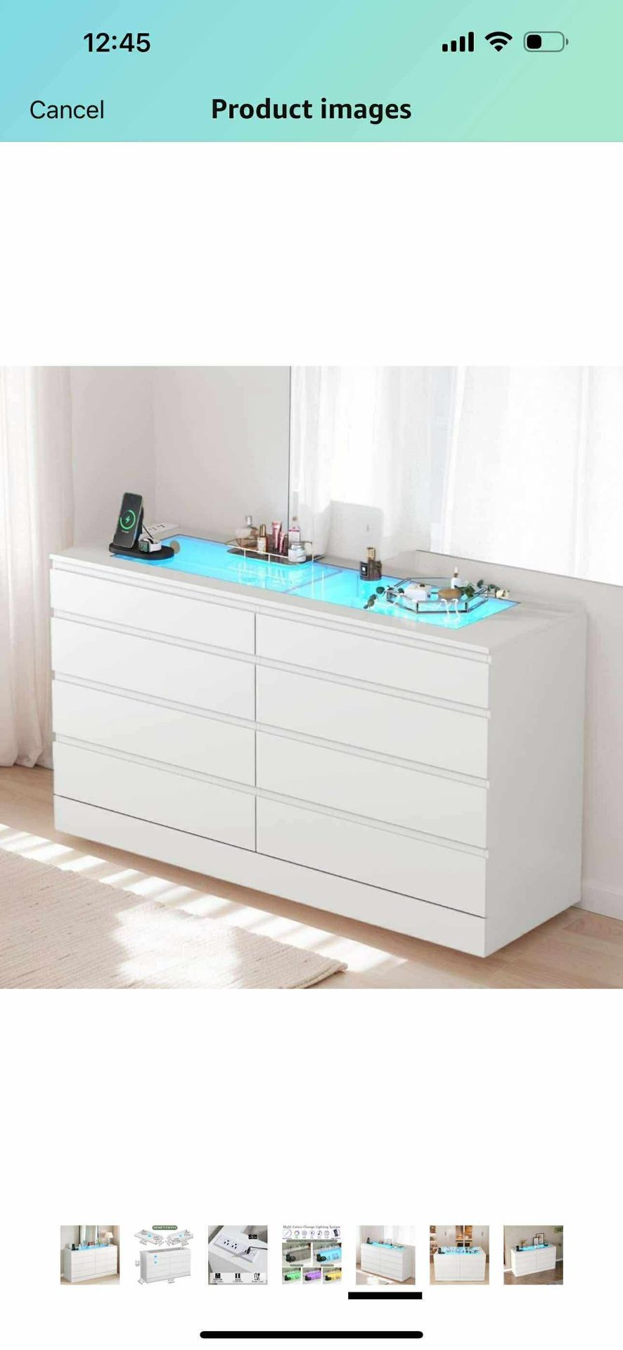 8 Drawer Dresser with Glass Top & Power Outlet, White Dresser for Bedroom with LED Light, Modern Chest of Drawer Double Wide Drawers Organizer Cabinet