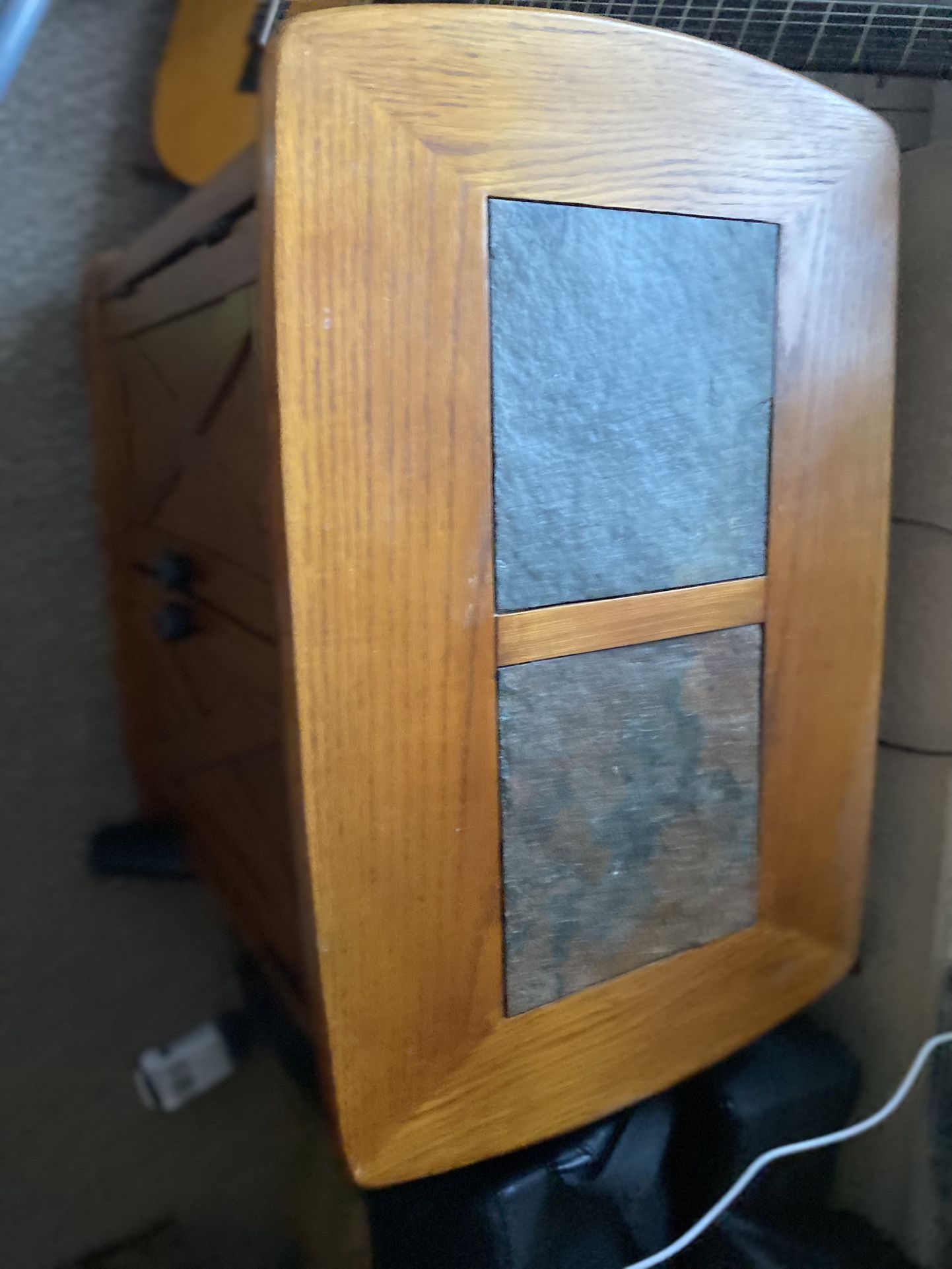 Two Solid Oak End Tables With Some Tile Inlays On Top , two Doors & shelf