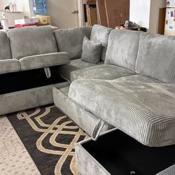 New Corduroy Sectional W Pullout Bed / Storage / USB Charger.  Grey. 92x119x60.  Free Delivery!