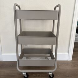 Grey 3 tiered metal utility storage cart with wheels