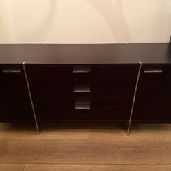 Modern Expresso brown Dark Wood Console table / tv Stand With Cabinets And Drawers Silver Detailing