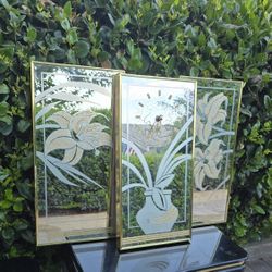 Vintage Postmodern Art Deco glass mirrors clock gold Etched glass