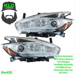 For 2015 2016 2017 2018 Nissan Murano with Halogen Headlight Assembly Left Right Driver Passenger Side Pair Set 2Pcs