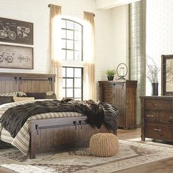 BROWN-7PC-DRESSER MIRROR QUEEN PANEL BED 2 NIGHTSTANDS