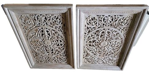 (2) Arhaus Uma Floral Wood Carving Panel Mango Wood Carved By Artisans 30x42