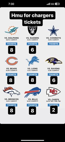 CHARGER TICKETS FOR SALE