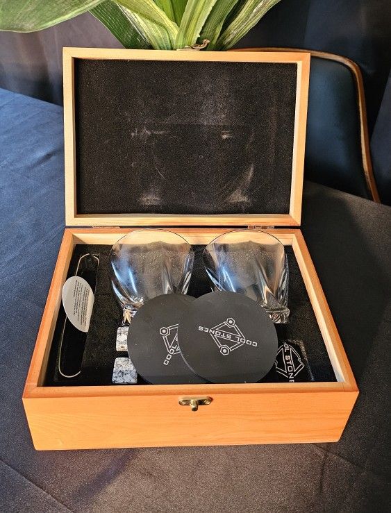 Whiskey Gift Set, 2 Glasses & Coasters, 8 Reusable Ice Stones, Tongs, & Bag