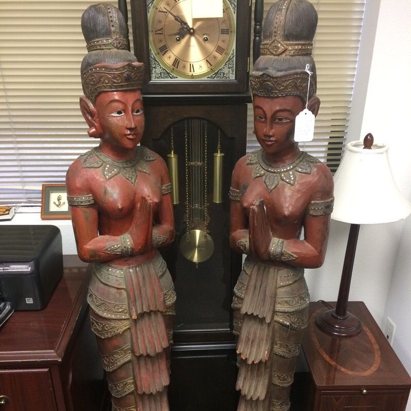 Pair of 6-ft Tall Hand-Carved Thai Statues