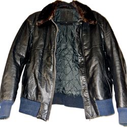 🧥 ✨Excellent Black Leather Bomber Flight Jacket Rabbit Fur Collar | Men’s Size 50 🖤✨ Top Gun Korean War 