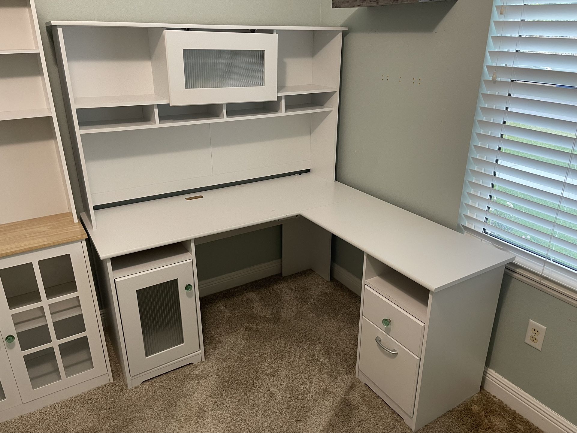White Corner Desk with Hutch and Tall Cabinet