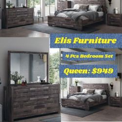 New 4 Pcs Bedroom Set 
Includes Bed, 1 Night Stand, Dresser & Mirror 
Queen: $949 + Tax 
Dark Oak Finish
FREE LOCAL DELIVERY & SET UP
ONLINE SALES 
SH