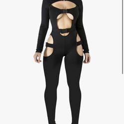 Women Sexy Hollow Out Bodycon Jumpsuit Long Sleeve Buckle Romper Overall Cut Out Bodysuits Y2k Clubwear  Adult Size 2XL  Color: Black