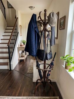 Vintage Bentwood Wood Coat Rack with Rotating Top & Umbrella Stand – Dark Walnut Finish