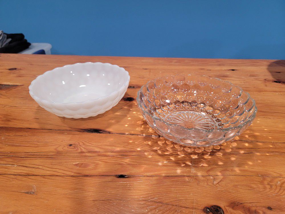 2 Anchor Hocking Bubble Berry Bowls - Clear, Milky White, Vintage Scalloped Edge