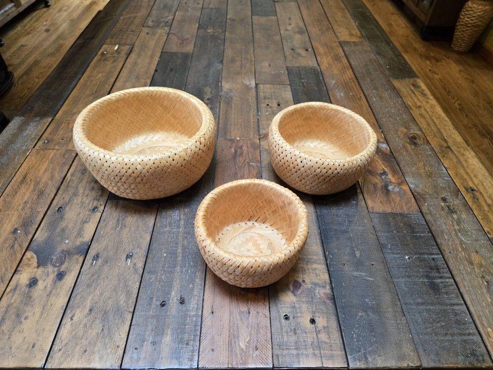 Vintage Set of 3 Bamboo Nesting Bowls Boho Plant Baskets