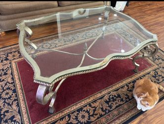 Ornate Glass Top Coffee Table with Metallic Base