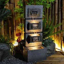 34.84” Water Fountain Outdoor LED Lights and Pump Water Fountains Indoor Floor-Standing Waterfall Outdoor Fountain for Garden Porch,Deck