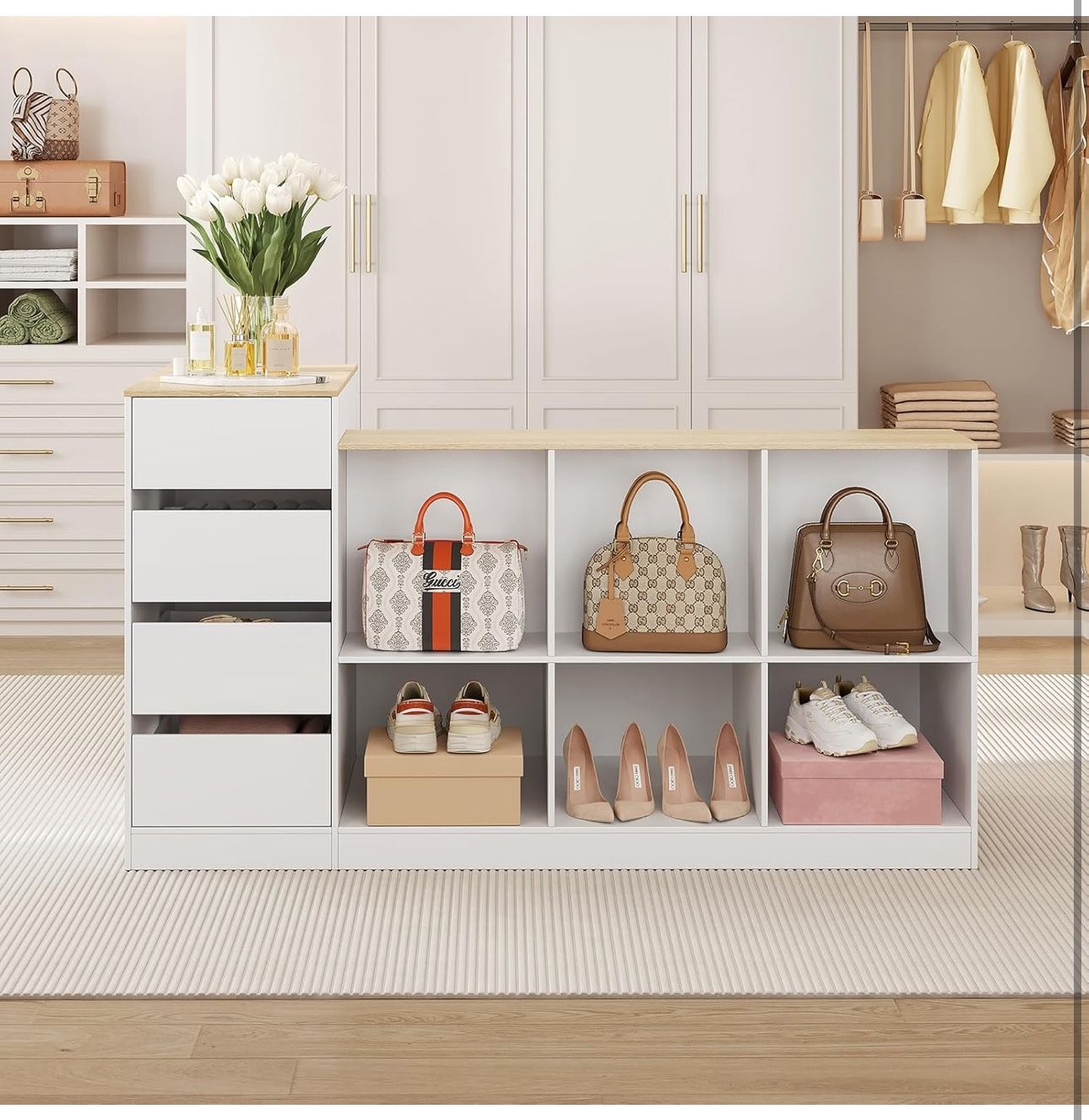 Wardrobe Armoire Closet with Bench, Walk-in Closet Island Dresser with 8 Drawers & Shoe Shelves (AB100)