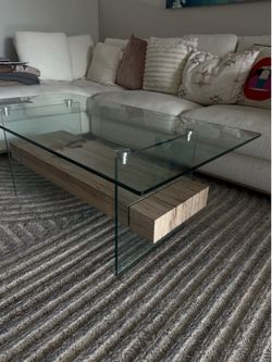 Glass and Wood Coffee Table, 43” x 23.5”