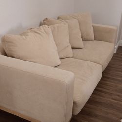 West Elm Mid Century Tan Velvet Couch With Wood Bottom