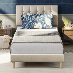 2 Sets Of LIKIMIO Twin Bed Frames, Velvet Upholstered Platform Bed Frame with Headboard and Strong Wooden Slats