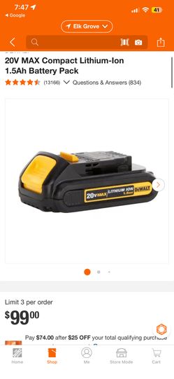 DEWALT 20V MAX Compact Lithium-Ion 1.5Ah BATTERY ONLY