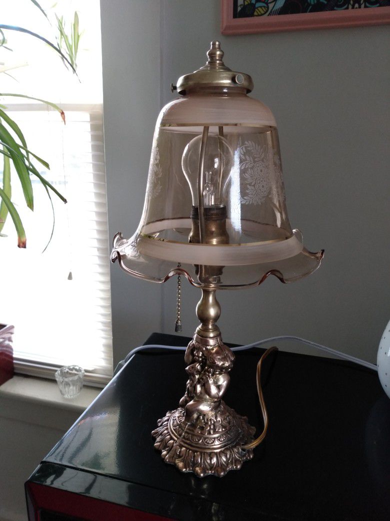 Antique Ornate Glass Shade Cherub Lamp. X Posted