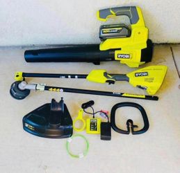 RYOBI 40V 15 in. Expand-It Trimmer & 140 MPH 40V Blower Combo  + 4.0 Battery & Charger New