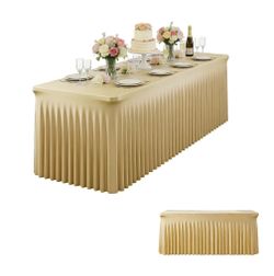 Yoquare Champagne Spandex Table Skirt For Rectangle Tables (5ft) | 1-Pack Stretch Pleated Tablecloth For 60" L X 28" W X 30" H Rectangular Tables | Su