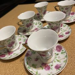 Floral Tea Cup and Saucer Set with Gold Accents