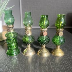 4 Green Glass Miniature Oil Lamps! 3 Hobnail and 1 “Post”  5 1/2 to 6 Inches made in Hong Kong