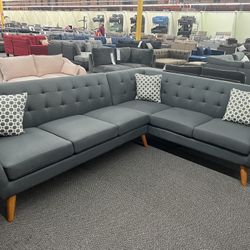 New Mid Century Sectional .  Grey.  111” X 85”.  Free Delivery !