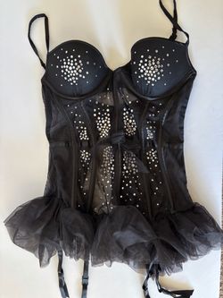 Women’s Victoria Secret Black Mesh Rhinestone Corset Negligé Teddy Size 34B