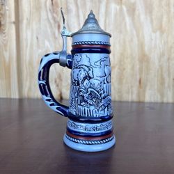 Blue Ceramic Beer Stein with Pewter Lid
