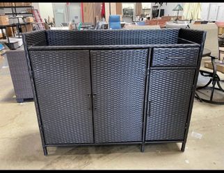 Assembled New 47.5" W Weatherproof Wicker Outdoor Storage Cabinet with Tempered Glass Tabletop