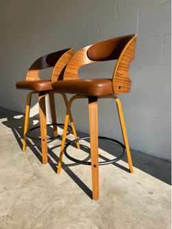 Two Counter Height Stools — Mid Century Modern — Brown Faux Leather & Engineered Wood!