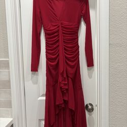 Long-Sleeved Red Ruched Dress - Size XS