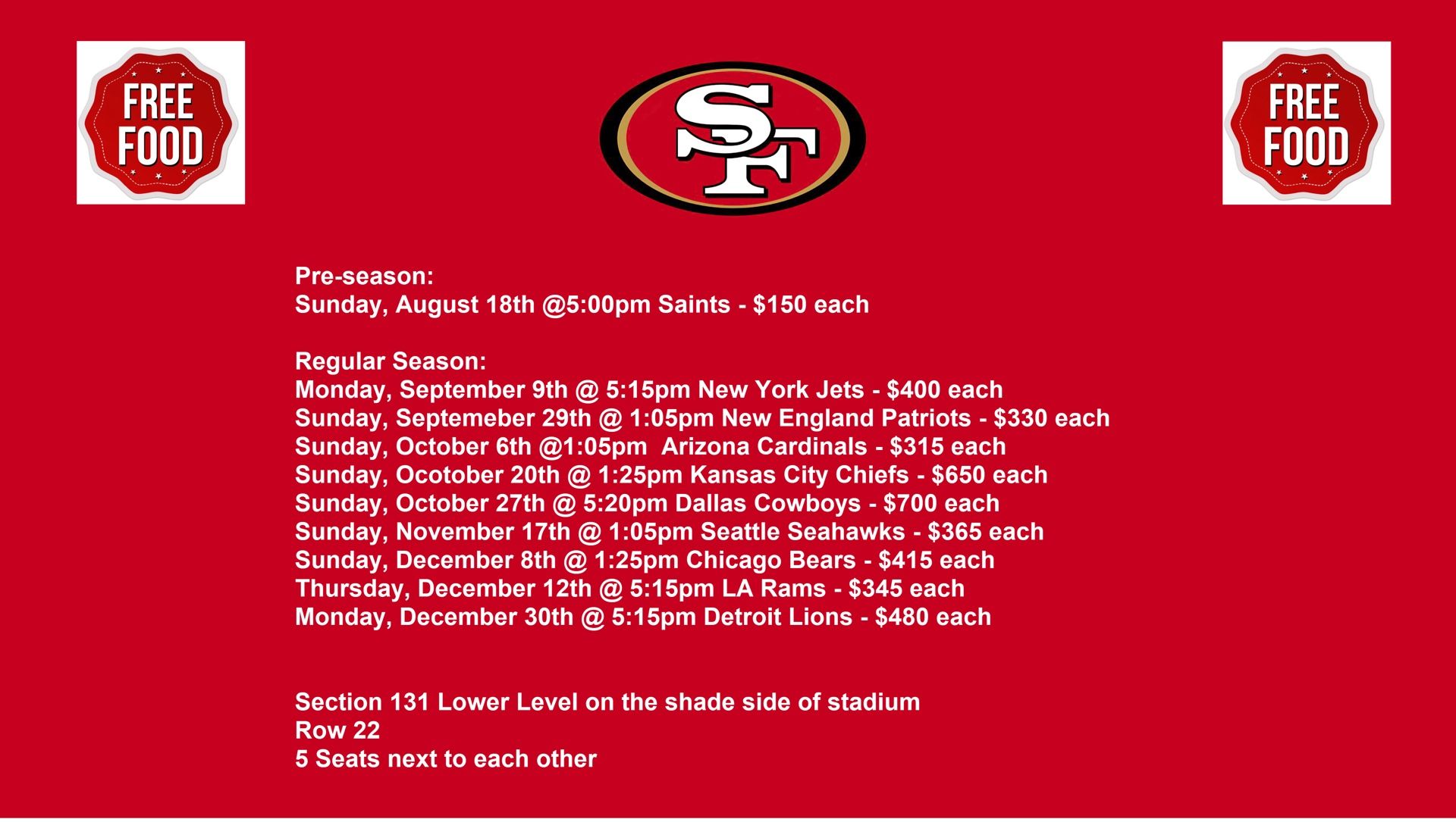 49ers Season Tickets Lower Level Free Food