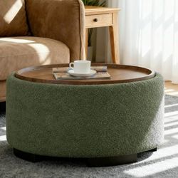 ES126 $60  29.5 Inch Round Storage Ottoman Coffee Table,Modern Circle Coffee Table with Storage with Removable Lid Top and Solid Wood Legs,Large Round