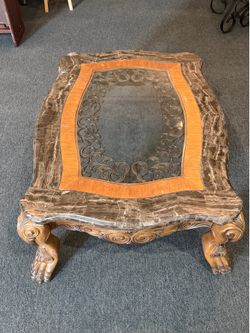 Aico Carved Wood Coffee Table w/ Glass Inlay Top Rectangular 54x40x21