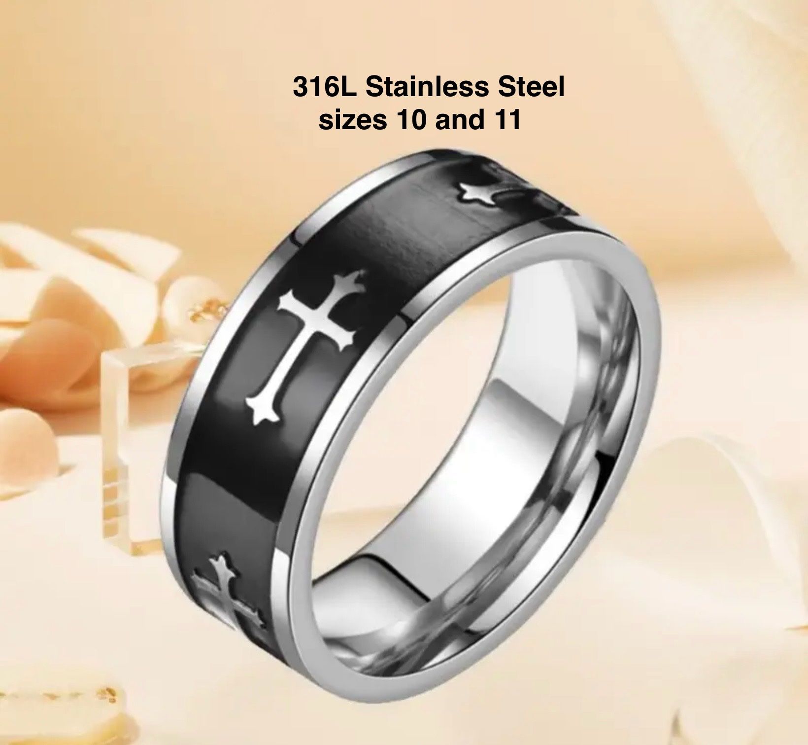 New Beautiful 316L Stainless Steel Cross band Set In Black SIZE 10 and 11 Available 