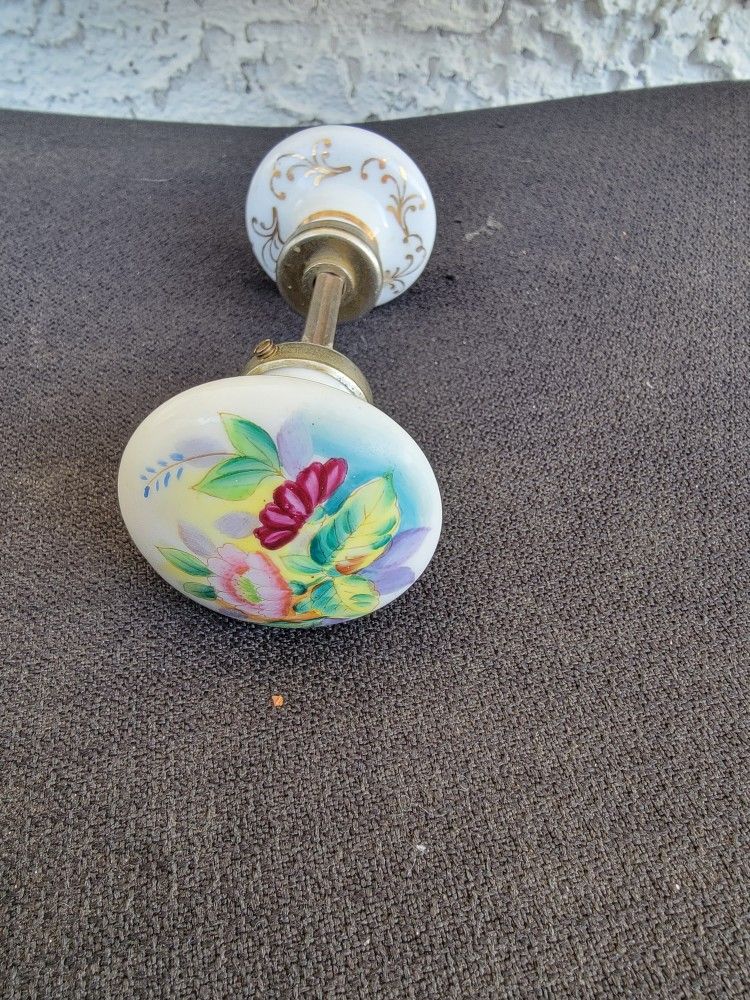 Antique Porcelain Floral Door Knob Set